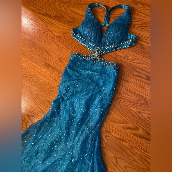 Vintage Y2K Dress Sequin Beaded Gown Slip Dress Cut Out Prom Dress Backless Blue - Picture 9 of 16
